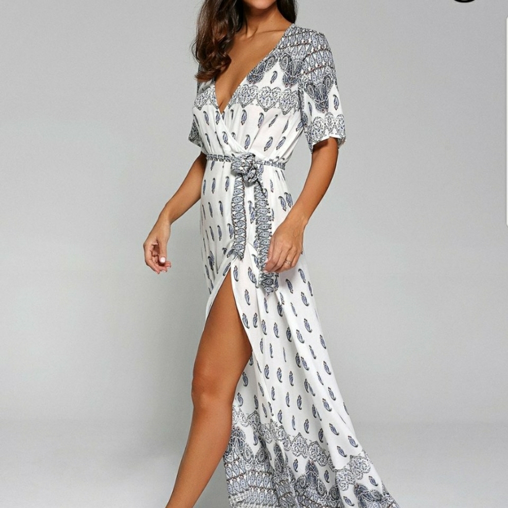 Surplice High Slit Paisley Maxi Dress China XL (US